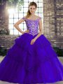 Fitting Sleeveless Beading and Lace Lace Up Sweet 16 Dresses with Purple Brush Train