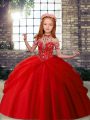 Floor Length Ball Gowns Sleeveless Red Little Girls Pageant Gowns Lace Up