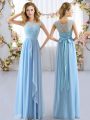 Best Light Blue Cap Sleeves Lace and Belt Floor Length Dama Dress