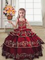 Elegant Straps Sleeveless Kids Formal Wear Floor Length Embroidery and Ruffled Layers Burgundy Satin