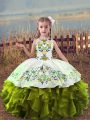 Organza Scoop Sleeveless Lace Up Embroidery and Ruffles Kids Pageant Dress in Olive Green