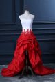 Suitable High Low Lace Up Evening Dress White And Red for Prom and Party and Military Ball with Lace and Appliques and Pick Ups