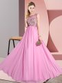 Rose Pink Sleeveless Floor Length Beading and Appliques Backless Wedding Guest Dresses