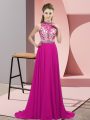 Cheap Fuchsia Empire Halter Top Sleeveless Chiffon Brush Train Backless Beading Prom Party Dress