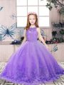 Lavender Scoop Neckline Lace and Appliques Girls Pageant Dresses Sleeveless Backless