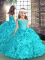 Aqua Blue Ball Gowns Organza Straps Sleeveless Beading Floor Length Lace Up Little Girl Pageant Gowns