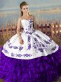 Beautiful Sweetheart Sleeveless Sweet 16 Quinceanera Dress Floor Length Embroidery and Ruffles White And Purple Satin and Organza