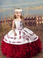 Wine Red Organza Lace Up Straps Sleeveless Floor Length Little Girls Pageant Dress Embroidery and Ruffles
