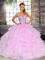Pretty Sleeveless Floor Length Beading and Ruffles Lace Up Sweet 16 Quinceanera Dress with Lilac