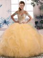 Gold Lace Up Ball Gown Prom Dress Beading Sleeveless Floor Length