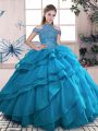 Pretty Blue High-neck Lace Up Beading and Ruffled Layers Sweet 16 Dresses Sleeveless
