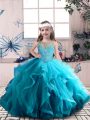 Tulle Scoop Sleeveless Lace Up Beading and Ruffles Little Girl Pageant Dress in Blue