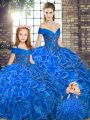 Sleeveless Organza Floor Length Lace Up Quinceanera Gown in Royal Blue with Beading and Ruffles