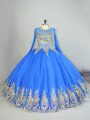 Blue Long Sleeves Beading and Appliques Floor Length Sweet 16 Dress