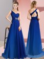 Luxury Beading Prom Party Dress Blue Criss Cross Sleeveless Brush Train