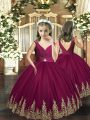 Burgundy Sleeveless Floor Length Embroidery Backless Little Girls Pageant Gowns