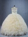 Fine Sleeveless Fabric With Rolling Flowers Brush Train Lace Up 15 Quinceanera Dress in Champagne with Beading and Ruffles