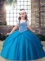Blue Lace Up Straps Beading Kids Formal Wear Tulle Sleeveless