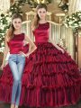 Comfortable Sleeveless Organza Floor Length Lace Up Sweet 16 Dress in Wine Red with Ruffled Layers