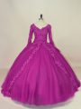 Traditional V-neck Long Sleeves Lace Up 15 Quinceanera Dress Fuchsia Tulle