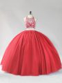 Red Halter Top Neckline Beading Quinceanera Gown Sleeveless Backless