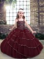 Burgundy Straps Neckline Beading and Ruffled Layers Girls Pageant Dresses Sleeveless Lace Up