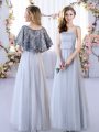 Fabulous Appliques Bridesmaids Dress Grey Lace Up Sleeveless Floor Length