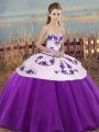 Smart Embroidery and Bowknot Quince Ball Gowns White And Purple Lace Up Sleeveless Floor Length