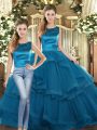 Floor Length Lace Up Sweet 16 Dress Teal for Military Ball and Sweet 16 and Quinceanera with Ruffles
