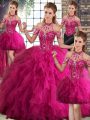 Customized Fuchsia Sleeveless Beading and Ruffles Floor Length Sweet 16 Dresses