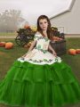 Graceful Green Ball Gowns Embroidery and Ruffled Layers Kids Pageant Dress Lace Up Tulle Sleeveless Floor Length