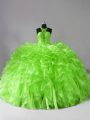 Halter Top Sleeveless Organza Ball Gown Prom Dress Beading and Ruffles Brush Train Zipper