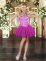 Dazzling Fuchsia Ball Gowns Tulle Halter Top Sleeveless Beading Mini Length Lace Up Prom Party Dress