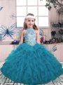 Excellent Teal Ball Gowns Tulle Halter Top Sleeveless Beading and Ruffles Floor Length Lace Up Little Girls Pageant Gowns