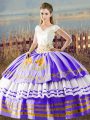 Customized Embroidery and Ruffled Layers Quinceanera Gowns White And Purple Lace Up Sleeveless Floor Length