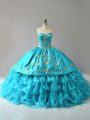Fine Ball Gowns Quinceanera Gowns Aqua Blue Sweetheart Organza Sleeveless Floor Length Lace Up