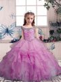 Eye-catching Floor Length Lilac Little Girl Pageant Dress Organza Sleeveless Beading and Ruffles