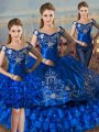 Flirting Royal Blue Satin and Organza Lace Up Off The Shoulder Sleeveless Floor Length Quinceanera Gowns Embroidery and Ruffled Layers