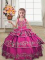 Charming Fuchsia Ball Gowns Embroidery and Ruffled Layers Little Girls Pageant Dress Wholesale Lace Up Satin Sleeveless Floor Length