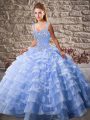 Fine Lavender 15 Quinceanera Dress Sweet 16 and Quinceanera with Beading and Ruffled Layers Straps Sleeveless Court Train Lace Up