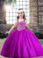 Fuchsia Sleeveless Floor Length Beading Lace Up Girls Pageant Dresses