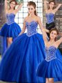 Blue Quinceanera Gown Tulle Brush Train Sleeveless Beading
