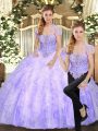 On Sale Floor Length Lavender 15 Quinceanera Dress Tulle Sleeveless Beading and Appliques and Ruffles