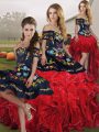 Inexpensive Ball Gowns 15 Quinceanera Dress Red And Black Off The Shoulder Organza Sleeveless Floor Length Lace Up