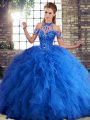 Royal Blue Lace Up Halter Top Beading and Ruffles Ball Gown Prom Dress Tulle Sleeveless
