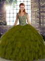 Lovely Floor Length Lace Up Sweet 16 Quinceanera Dress Olive Green for Military Ball and Sweet 16 and Quinceanera with Beading and Ruffles