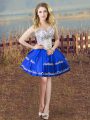 Latest Mini Length Lace Up Casual Dresses Blue And White for Prom and Party with Embroidery