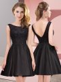 Stunning Mini Length Black Quinceanera Court of Honor Dress Satin Sleeveless Lace