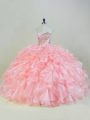 Peach Sweetheart Lace Up Beading and Ruffles Quinceanera Gown Sleeveless