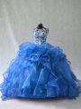 Custom Designed Blue Organza Lace Up Scoop Sleeveless Floor Length Quinceanera Gowns Beading and Ruffles